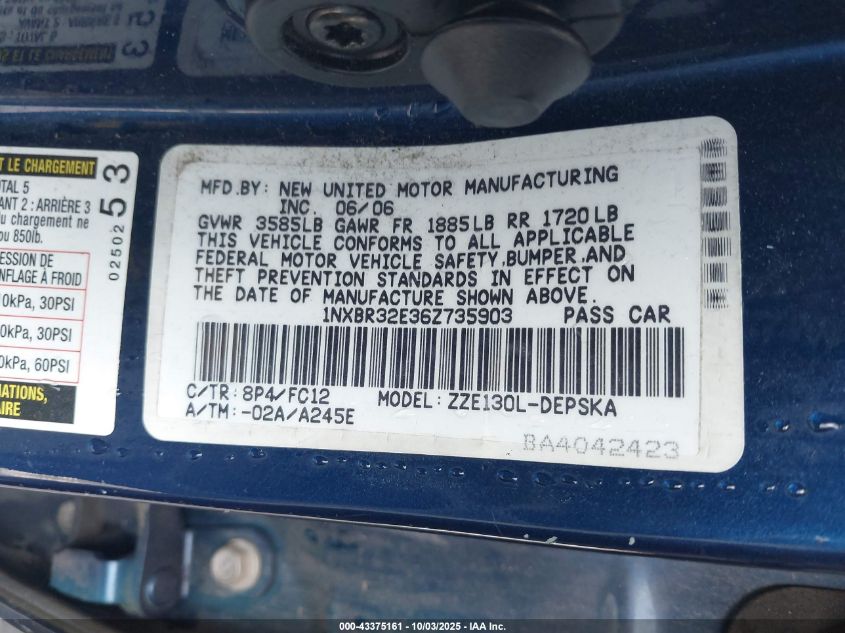 2006 Toyota Corolla S VIN: 1NXBR32E36Z735903 Lot: 43375161