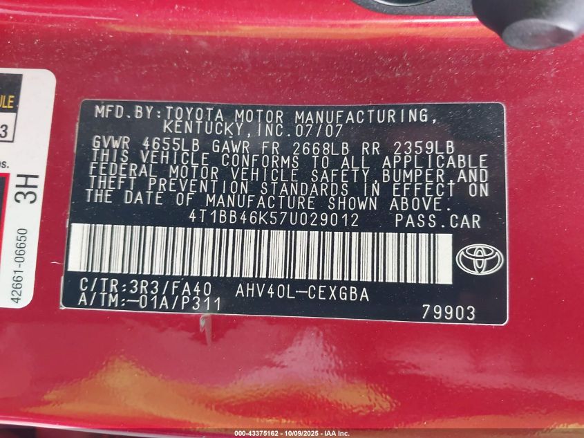 2007 Toyota Camry Hybrid VIN: 4T1BB46K57U029012 Lot: 43375162