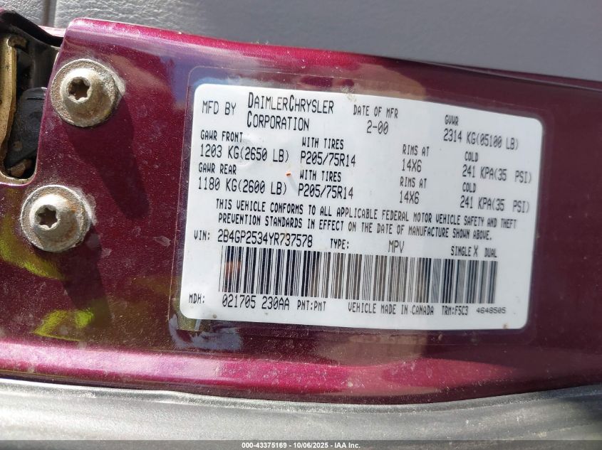 2000 Dodge Caravan VIN: 2B4GP2534YR737578 Lot: 43375169