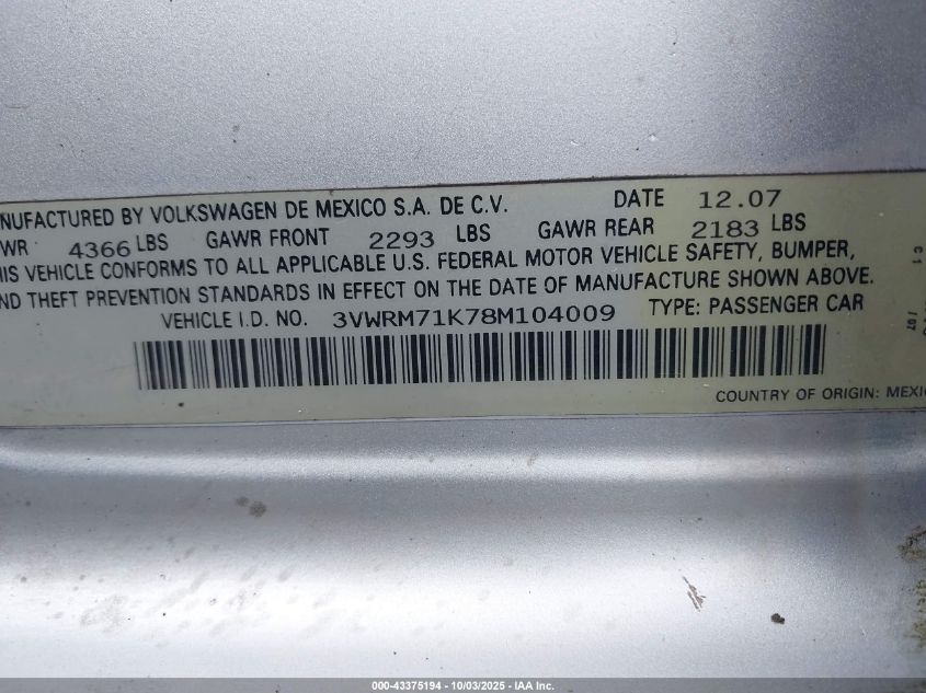 2008 Volkswagen Jetta Se VIN: 3VWRM71K78M104009 Lot: 43375194