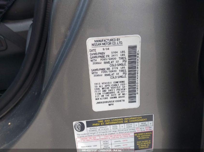 2005 Infiniti Fx35 VIN: JNRAS08U95X100876 Lot: 43375197