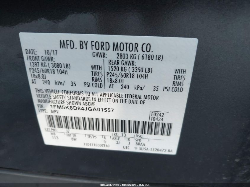 2018 Ford Explorer Xlt VIN: 1FM5K8D84JGA01557 Lot: 43375199