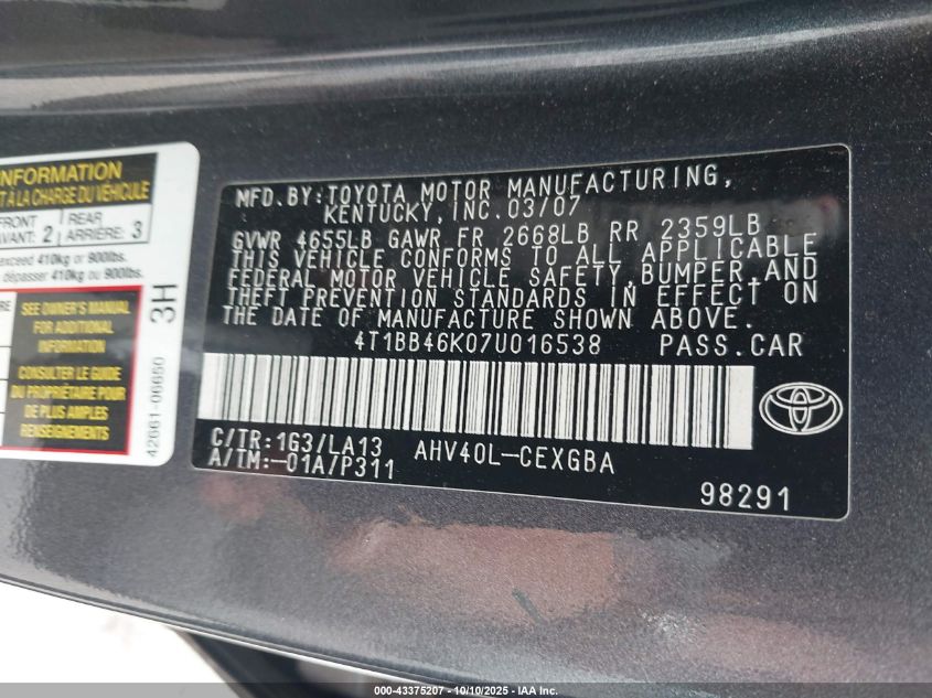 2007 Toyota Camry Hybrid VIN: 4T1BB46K07U016538 Lot: 43375207