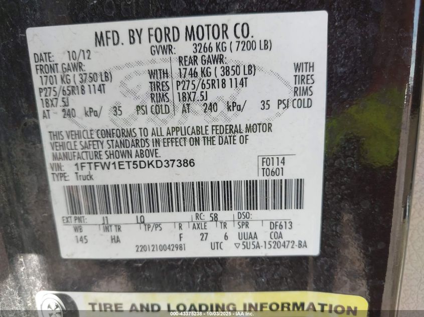 2013 Ford F-150 Lariat VIN: 1FTFW1ET5DKD37386 Lot: 43375238