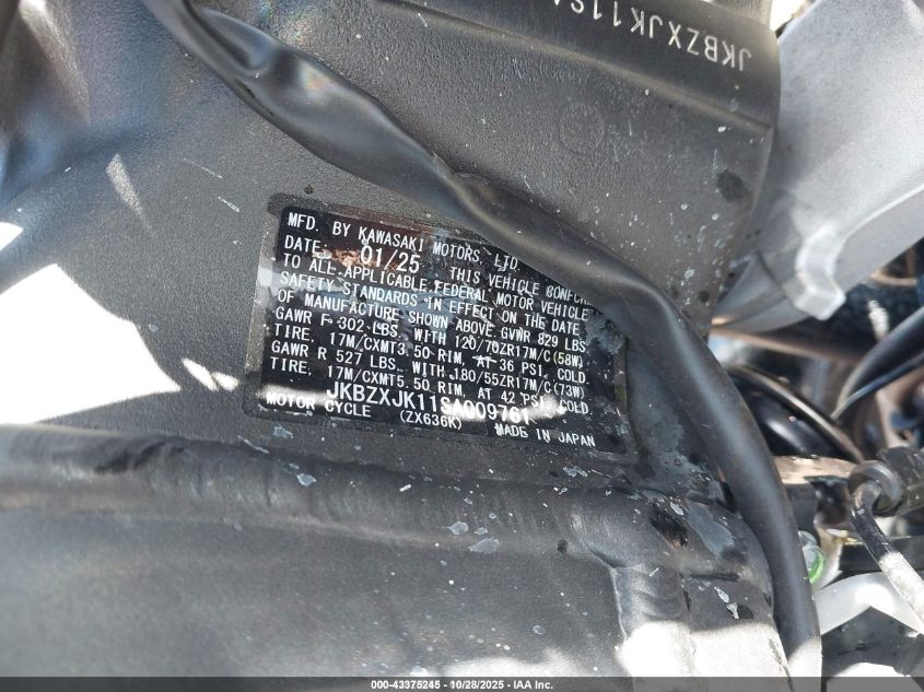 2025 Kawasaki Zx636 K VIN: JKBZXJK11SA009761 Lot: 43375245