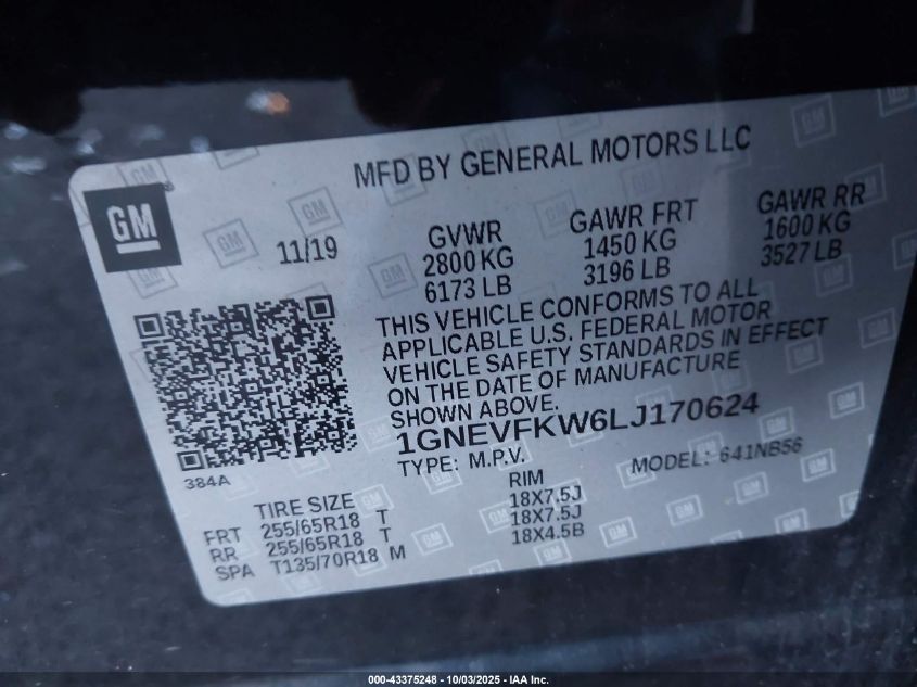 2020 Chevrolet Traverse Awd Ls VIN: 1GNEVFKW6LJ170624 Lot: 43375248