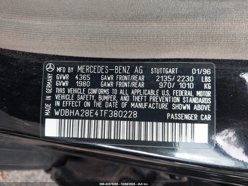 1996 Mercedes-Benz C 280 VIN: WDBHA28E4TF380228 Lot: 43375250