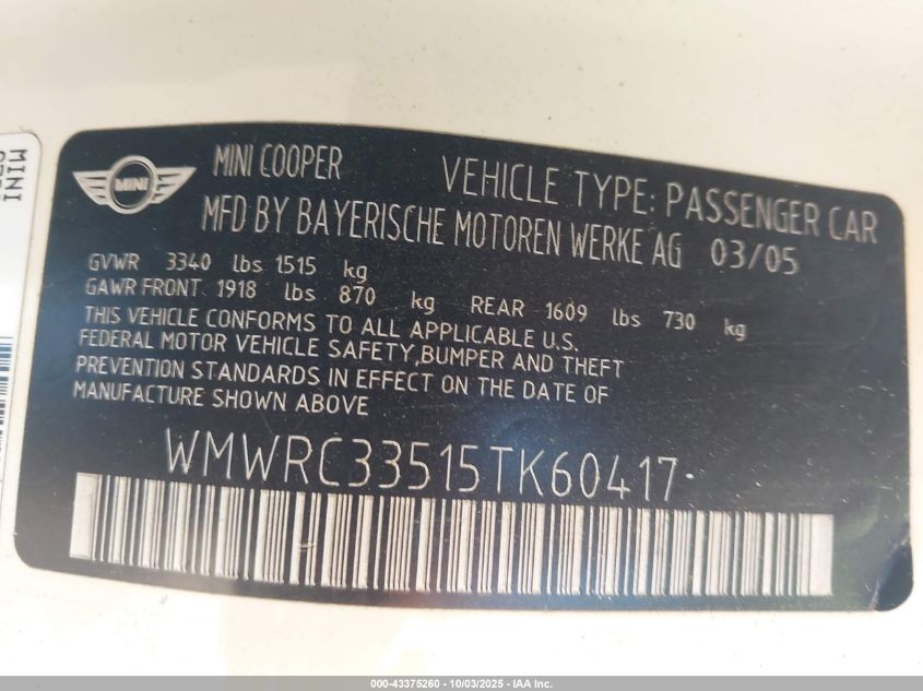 2005 Mini Cooper VIN: WMWRC33515TK60417 Lot: 43375260