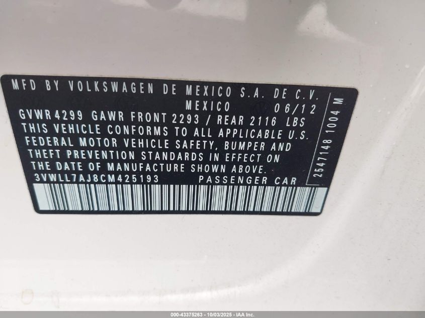 2012 Volkswagen Jetta 2.0L Tdi VIN: 3VWLL7AJ8CM425193 Lot: 43375263