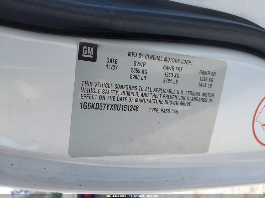 2008 Cadillac Dts 1Sb VIN: 1G6KD57YX8U151246 Lot: 43375265