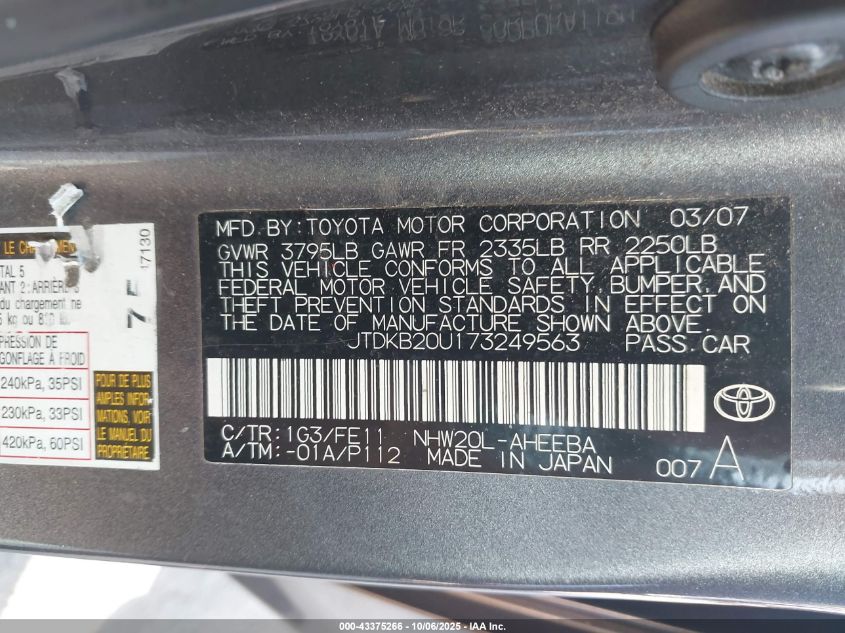 2007 Toyota Prius VIN: JTDKB2OU173249563 Lot: 43375266