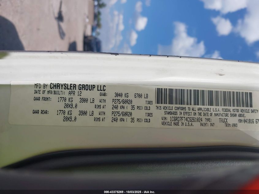 2012 Ram 1500 St VIN: 1C6RD7FT4CS261024 Lot: 43375269