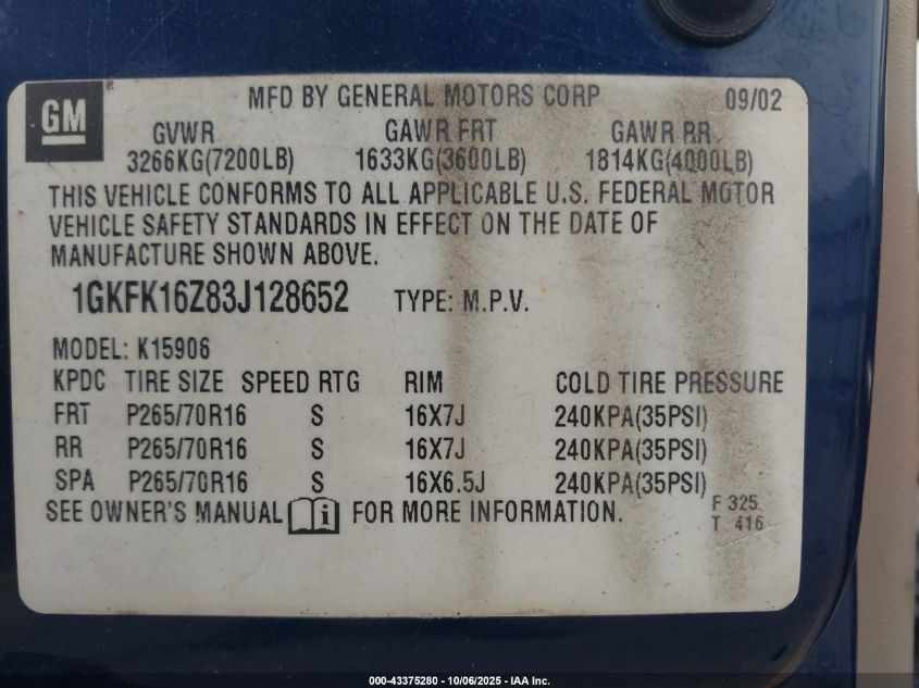 2003 GMC Yukon Xl 1500 Slt VIN: 1GKFK16Z83J128652 Lot: 43375280