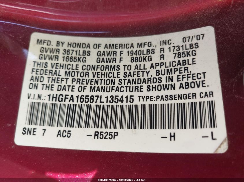 2007 Honda Civic Lx VIN: 1HGFA16587L135415 Lot: 43375282