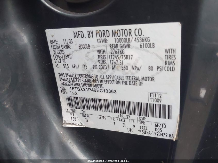 2006 Ford F-250 Lariat/Xl/Xlt VIN: 1FTSX21P46EC13363 Lot: 43375285