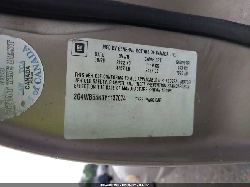 2000 Buick Regal Ls VIN: 2G4WB55KOY1137074 Lot: 43375286