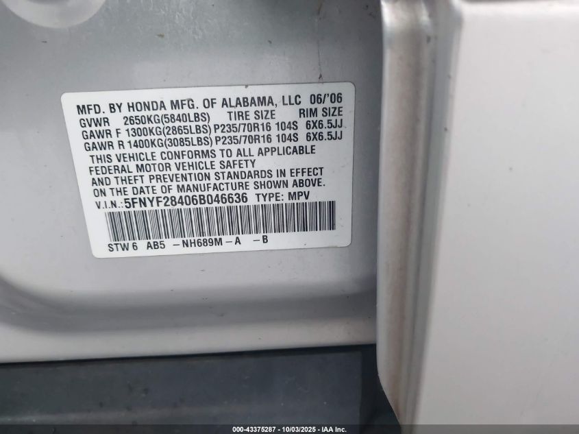 2006 Honda Pilot Ex VIN: 5FNYF28406B046636 Lot: 43375287