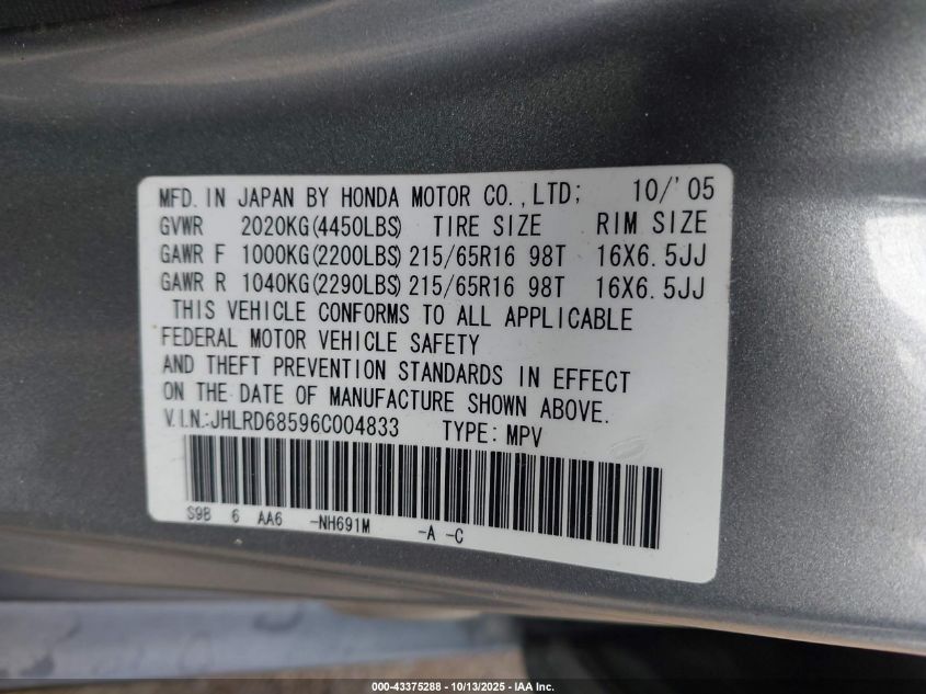 2006 Honda Cr-V Lx VIN: JHLRD68596C004833 Lot: 43375288