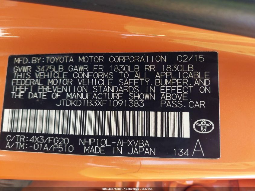 2015 Toyota Prius C Two VIN: JTDKDTB3XF1091383 Lot: 43375289