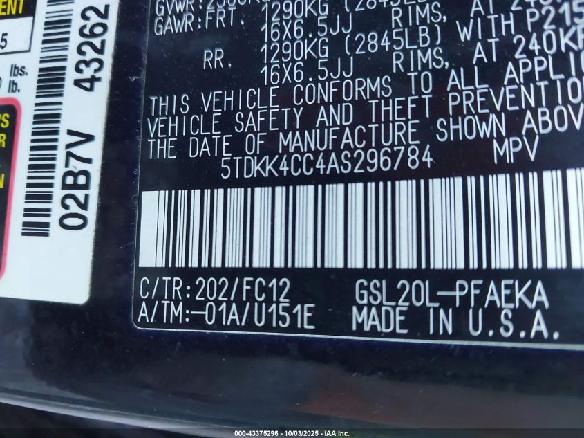 2010 Toyota Sienna Le VIN: 5TDKK4CC4AS296784 Lot: 43375296