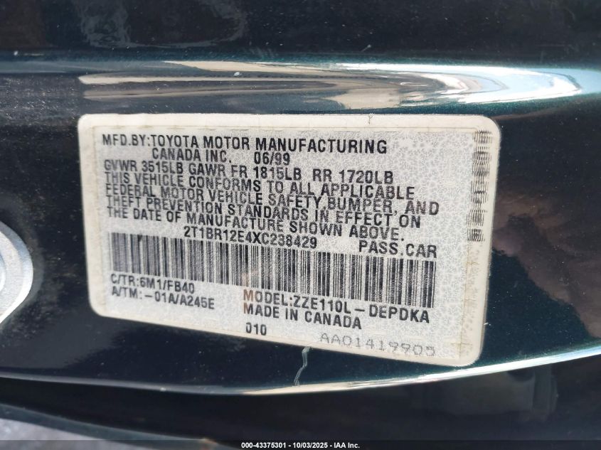 1999 Toyota Corolla Ce VIN: 2T1BR12E4XC238429 Lot: 43375301