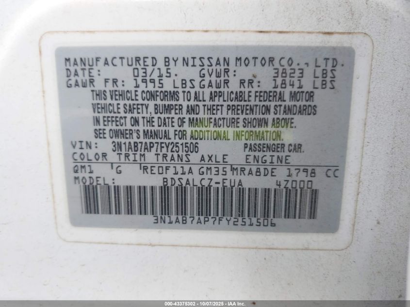 2015 Nissan Sentra S VIN: 3N1AB7AP7FY251506 Lot: 43375302