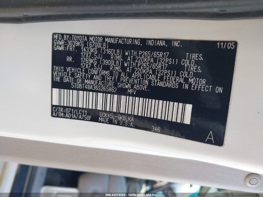 2006 Toyota Sequoia Limited V8 VIN: 5TDBT48A36S265862 Lot: 43375305