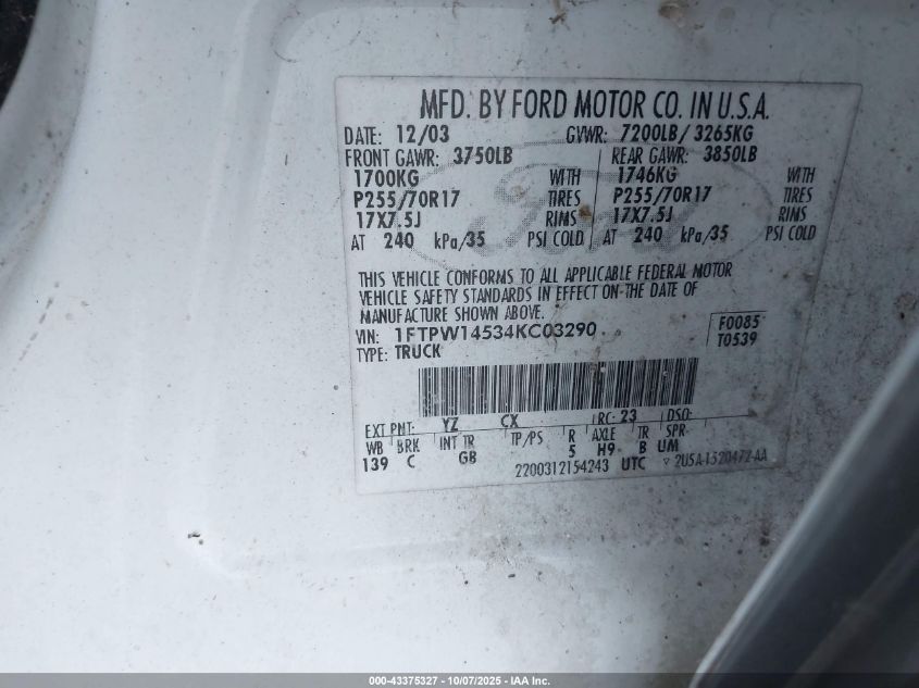 2004 Ford F-150 Fx4/Lariat/Xlt VIN: 1FTPW14534KC03290 Lot: 43375327