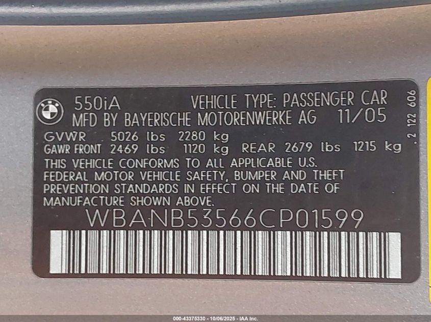 2006 BMW 550I VIN: WBANB53566CP01599 Lot: 43375330