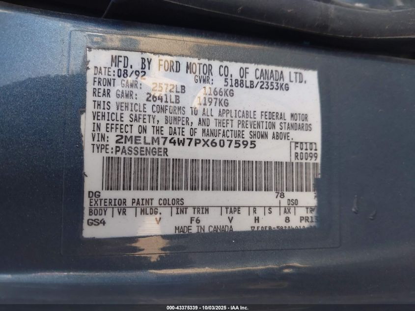 1993 Mercury Grand Marquis Gs VIN: 2MELM74W7PX607595 Lot: 43375339