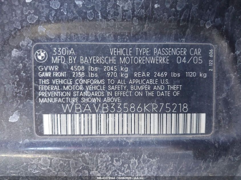 2006 BMW 330I VIN: WBAVB33586KR75218 Lot: 43375344