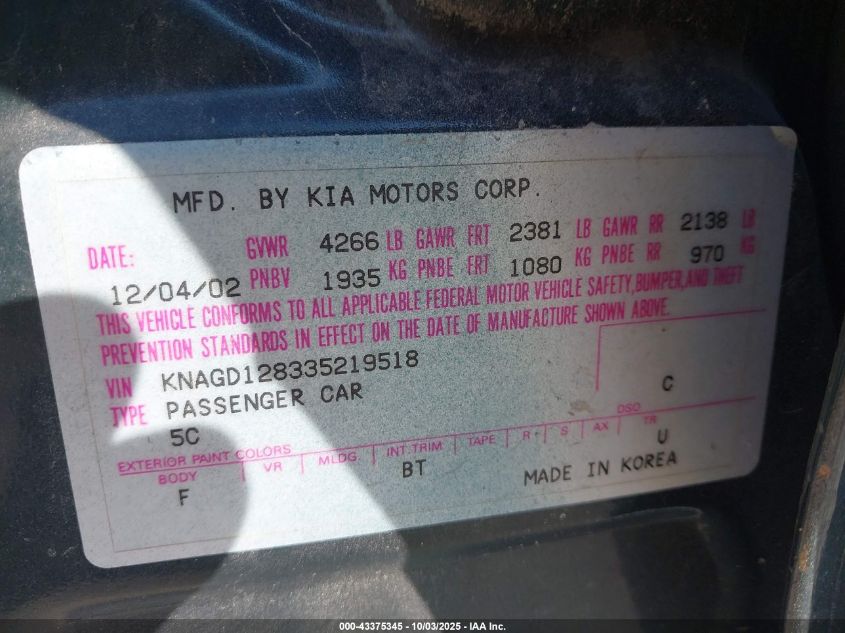 2003 Kia Optima Lx V6/Se V6 VIN: KNAGD128335219518 Lot: 43375345