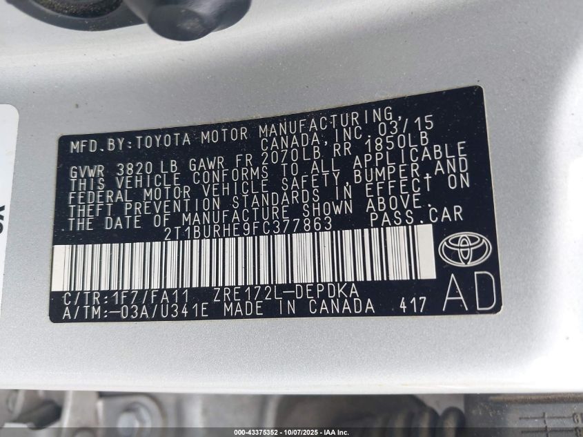 2015 Toyota Corolla L VIN: 2T1BURHE9FC377863 Lot: 43375352