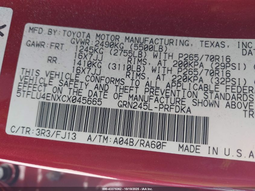 2012 Toyota Tacoma Base V6 VIN: 5TFLU4ENXCX045665 Lot: 43375362