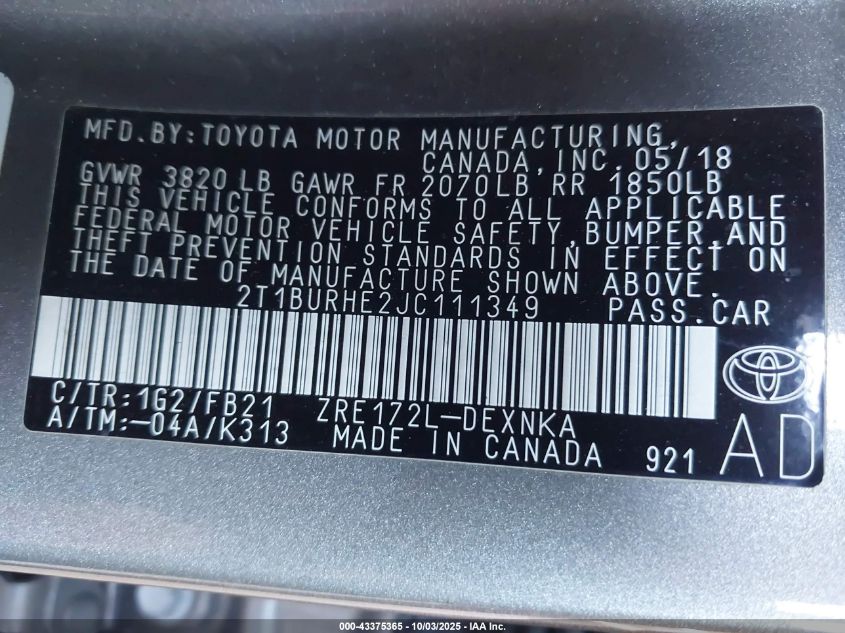 2018 Toyota Corolla Le VIN: 2T1BURHE2JC111349 Lot: 43375365