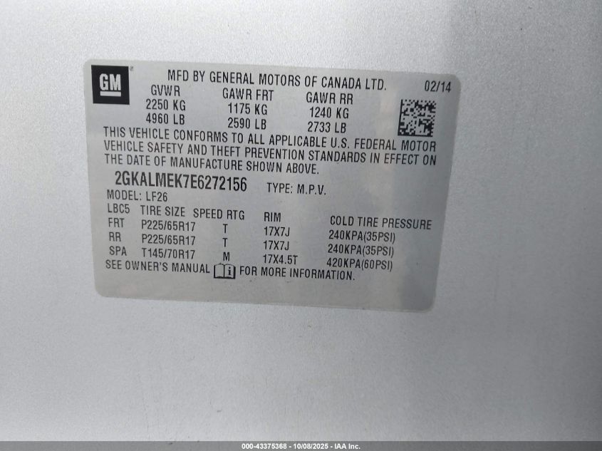 2014 GMC Terrain Sle-1 VIN: 2GKALMEK7E6272156 Lot: 43375368