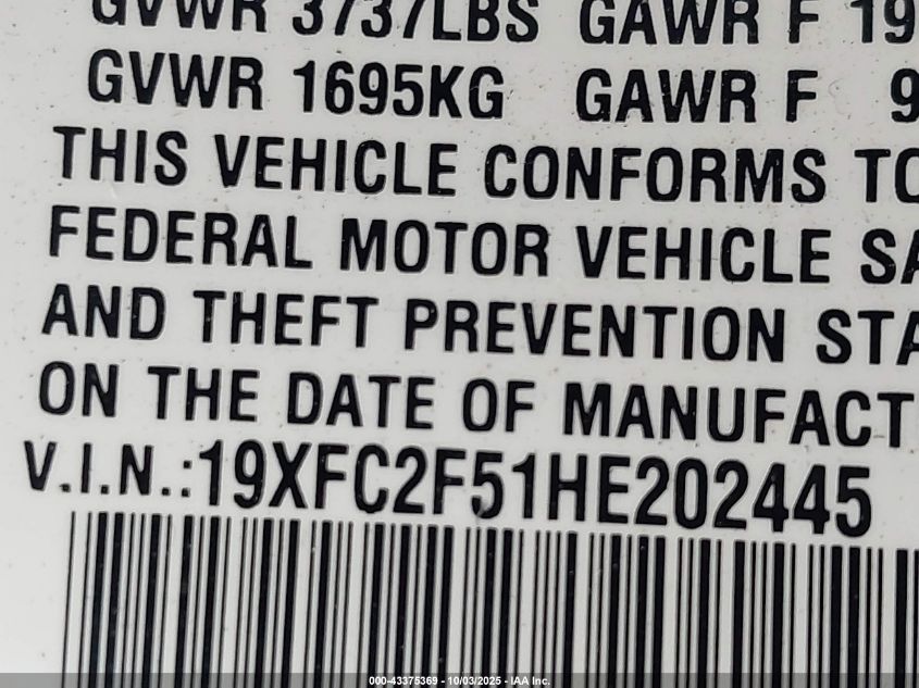 2017 Honda Civic Lx VIN: 19XFC2F51HE202445 Lot: 43375369