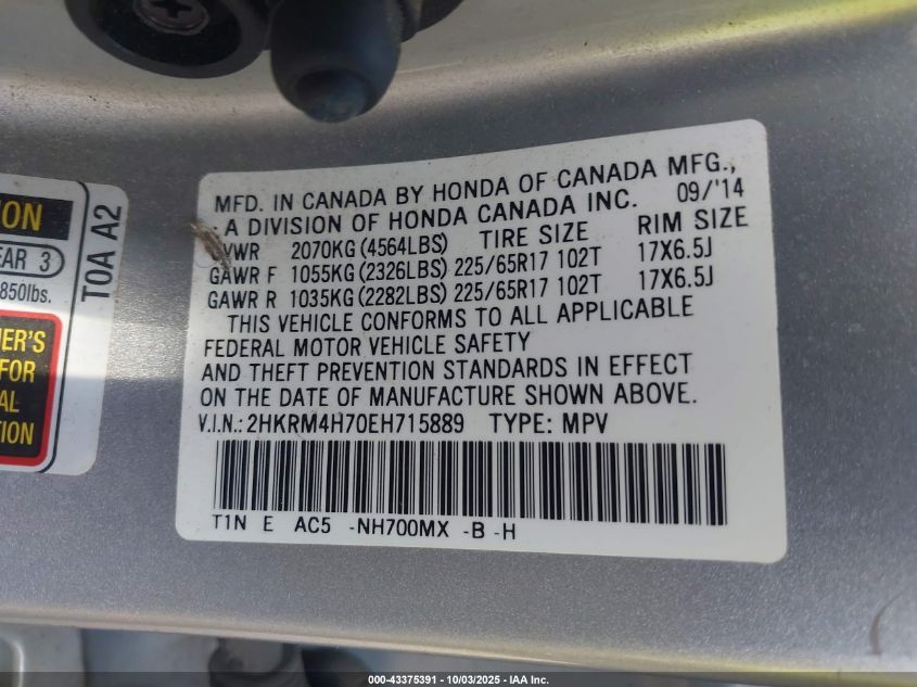 2014 Honda Cr-V Ex-L VIN: 2HKRM4H70EH715889 Lot: 43375391