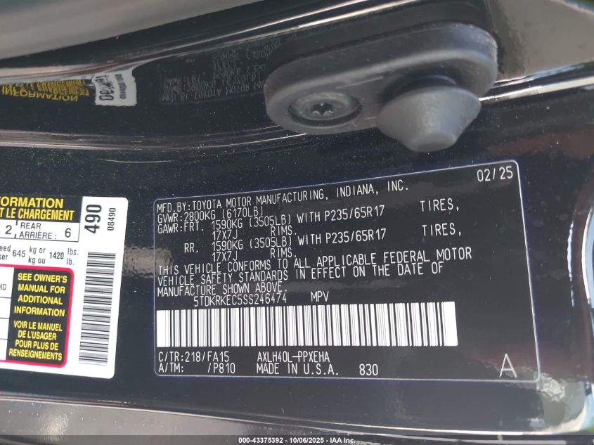 2025 Toyota Sienna Le VIN: 5TDKRKEC5SS246474 Lot: 43375392