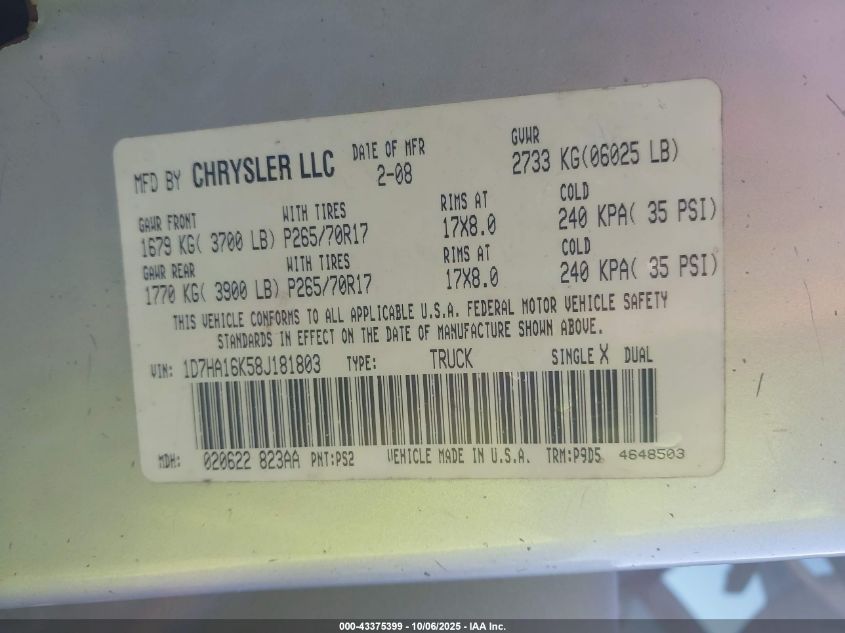 2008 Dodge Ram 1500 St/Sxt VIN: 1D7HA16K58J181803 Lot: 43375399