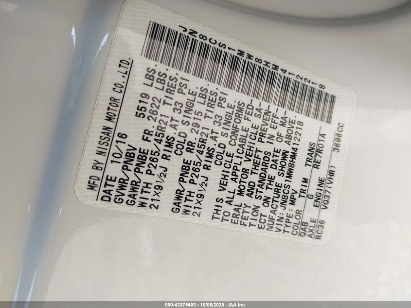 2017 Infiniti Qx70 VIN: JN8CS1MW8HM412218 Lot: 43375400