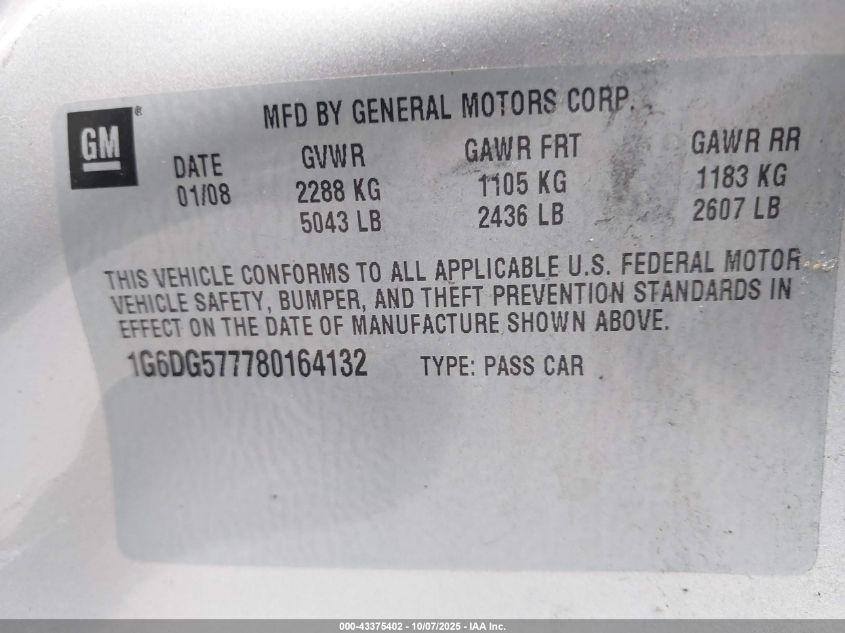 2008 Cadillac Cts Standard VIN: 1G6DG577780164132 Lot: 43375402