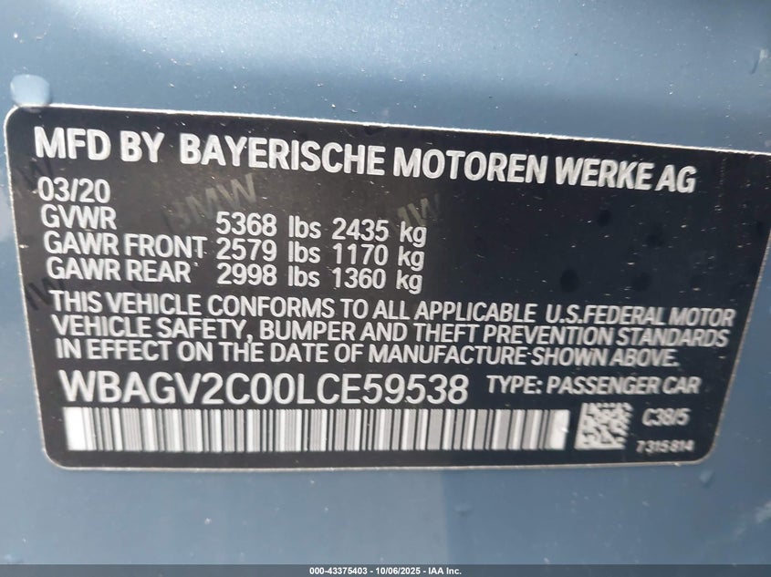 2020 BMW 840I GRAN COUPE WBAGV2C00LCE59538