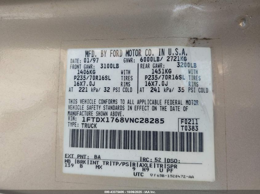 1997 Ford F-150 Lariat/Standard/Xl/Xlt VIN: 1FTDX1768VNC28285 Lot: 43375406