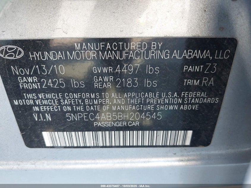 2011 Hyundai Sonata Limited 2.0T VIN: 5NPEC4AB5BH204545 Lot: 43375407