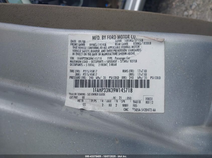 2009 Ford Focus Ses VIN: 1FAHP33N39W145718 Lot: 43375409