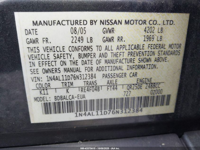 2006 Nissan Altima 2.5 S VIN: 1N4AL11D76N312384 Lot: 43375415