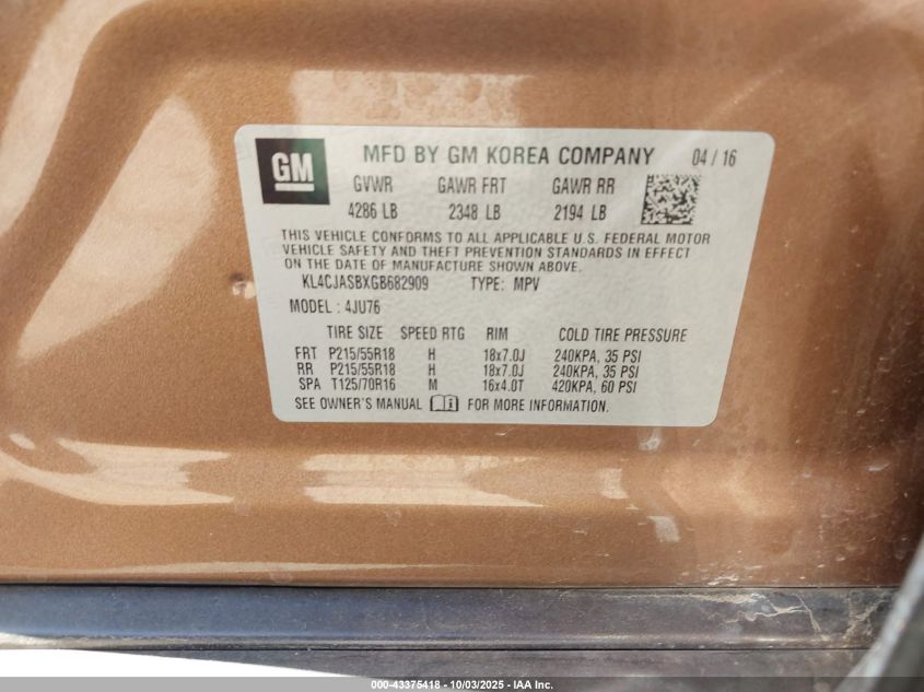 2016 Buick Encore VIN: KL4CJASBXGB682909 Lot: 43375418