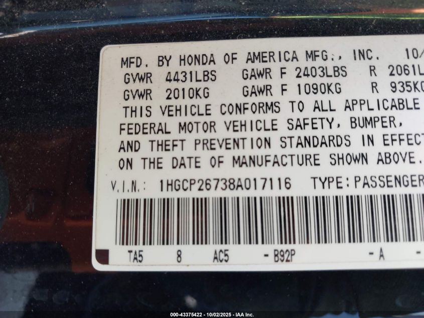 2008 Honda Accord 2.4 Ex VIN: 1HGCP26738A017116 Lot: 43375422