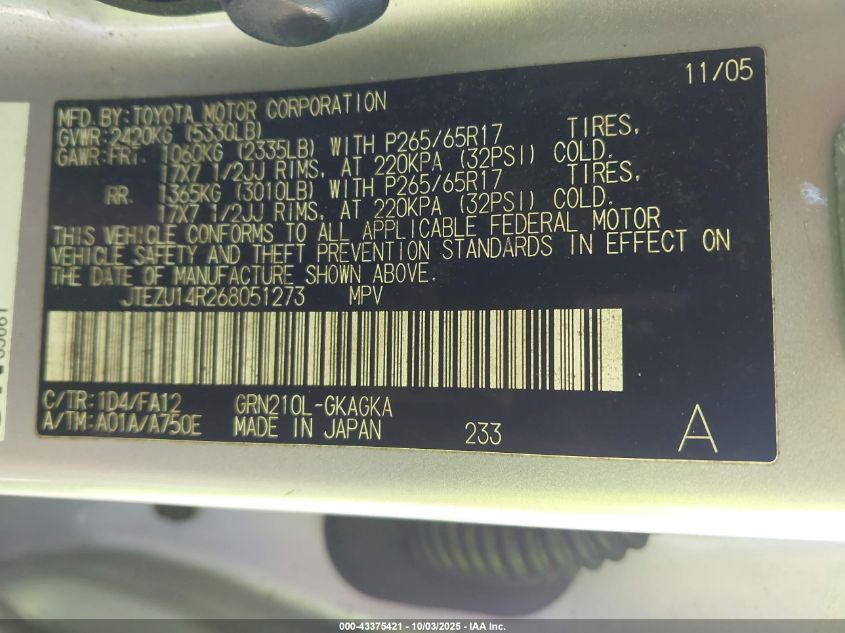 2006 Toyota 4Runner Sr5 V6 VIN: JTEZU14R268051273 Lot: 43375421